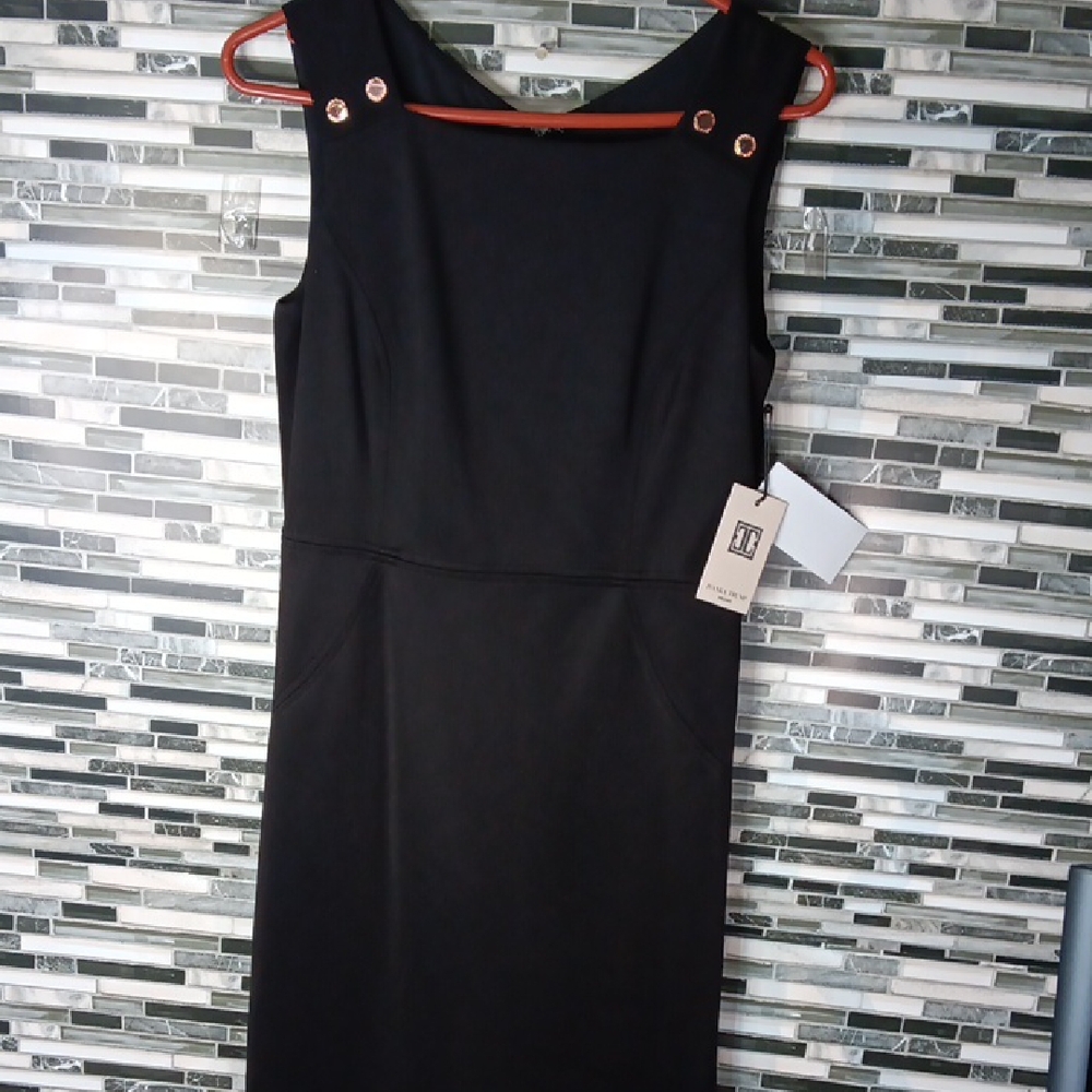 Ivanka Trump Black Midi Dress 8M Sheath Copper Embossed Accent Career Business